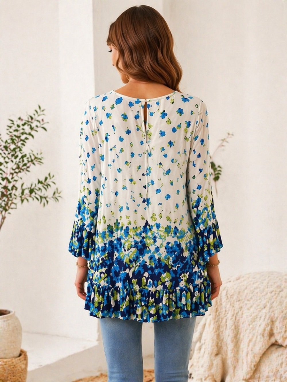 Avenue White Floral Tassel Tie Ruffle-Hem Tunic with Blue and Green Print - Picture 4 of 11
